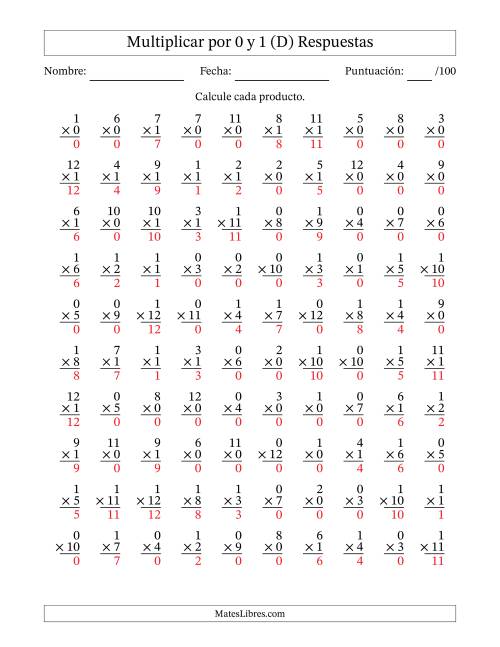 La hoja de ejercicios de Multiplicar (Factores de 1 a 12) por 0 y 1 (100 Preguntas) (D) Página 2
