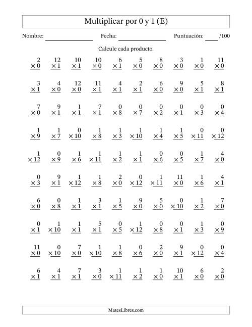 La hoja de ejercicios de Multiplicar (Factores de 1 a 12) por 0 y 1 (100 Preguntas) (E)