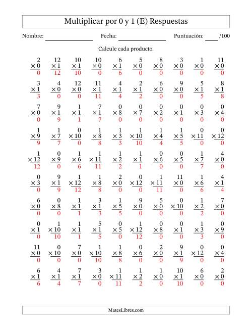 La hoja de ejercicios de Multiplicar (Factores de 1 a 12) por 0 y 1 (100 Preguntas) (E) Página 2