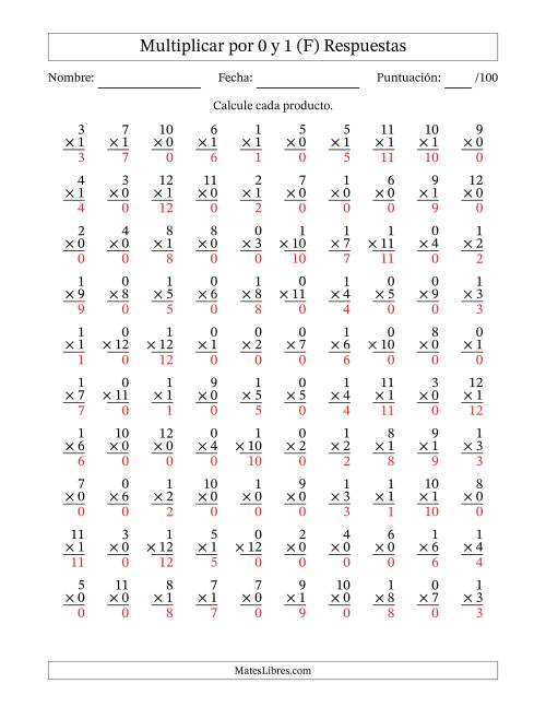 La hoja de ejercicios de Multiplicar (Factores de 1 a 12) por 0 y 1 (100 Preguntas) (F) Página 2
