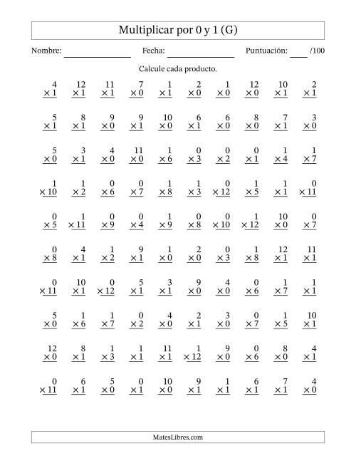La hoja de ejercicios de Multiplicar (Factores de 1 a 12) por 0 y 1 (100 Preguntas) (G)