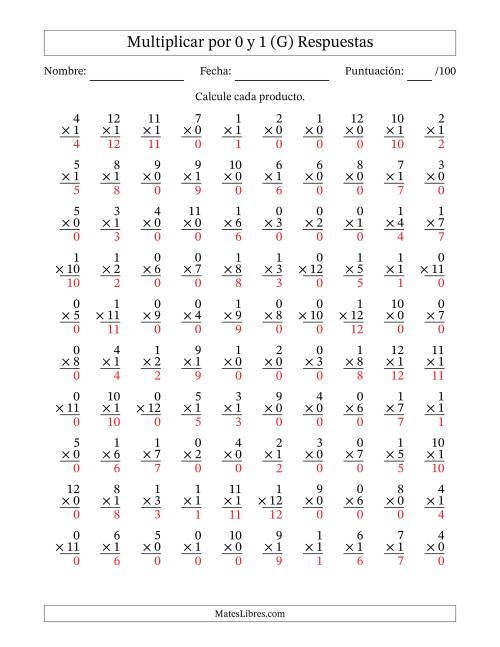 La hoja de ejercicios de Multiplicar (Factores de 1 a 12) por 0 y 1 (100 Preguntas) (G) Página 2