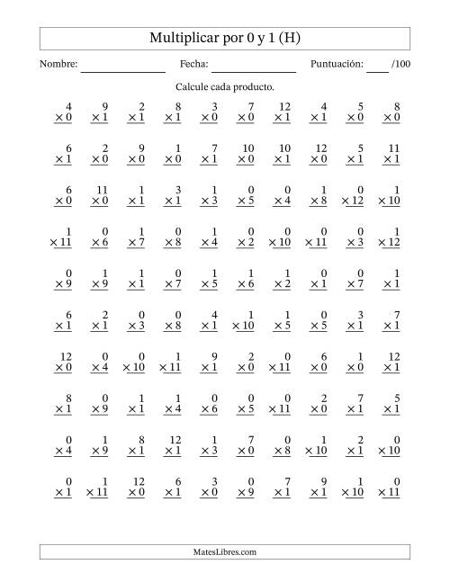La hoja de ejercicios de Multiplicar (Factores de 1 a 12) por 0 y 1 (100 Preguntas) (H)