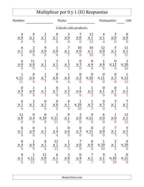 La hoja de ejercicios de Multiplicar (Factores de 1 a 12) por 0 y 1 (100 Preguntas) (H) Página 2