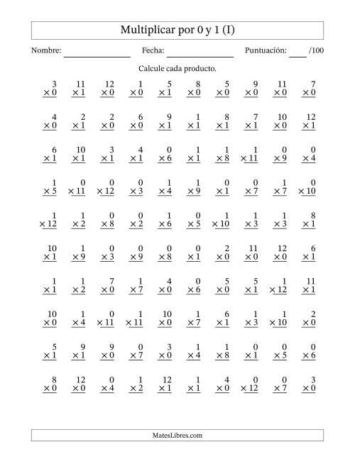 La hoja de ejercicios de Multiplicar (Factores de 1 a 12) por 0 y 1 (100 Preguntas) (I)