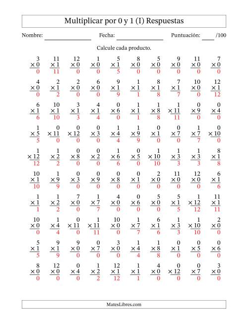 La hoja de ejercicios de Multiplicar (Factores de 1 a 12) por 0 y 1 (100 Preguntas) (I) Página 2