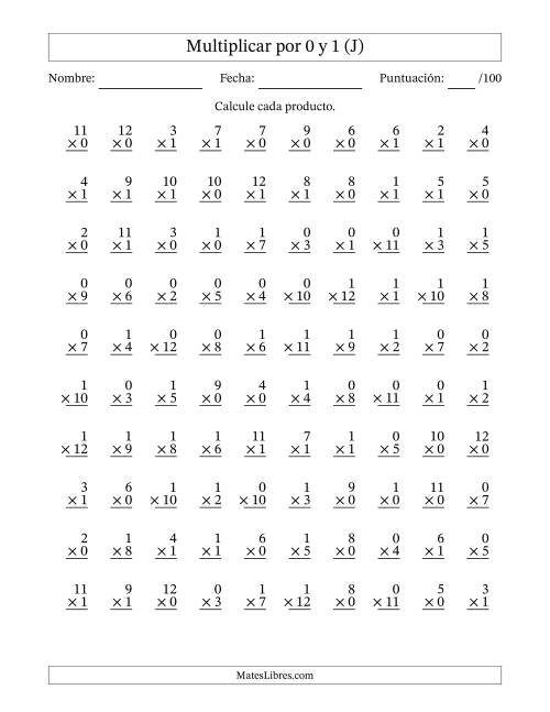 La hoja de ejercicios de Multiplicar (Factores de 1 a 12) por 0 y 1 (100 Preguntas) (J)