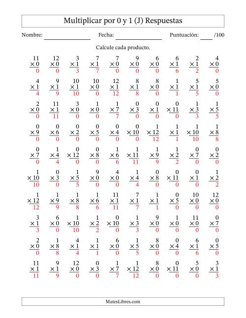 La hoja de ejercicios de Multiplicar (Factores de 1 a 12) por 0 y 1 (100 Preguntas) (J) Página 2