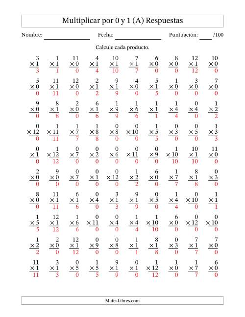 La hoja de ejercicios de Multiplicar (Factores de 1 a 12) por 0 y 1 (100 Preguntas) (Todas) Página 2