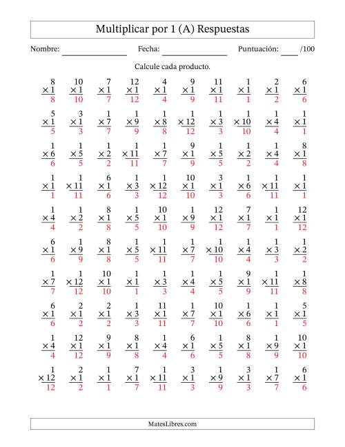 La hoja de ejercicios de Multiplicar (Factores de 1 a 12) por 1 (100 Preguntas) (A) Página 2