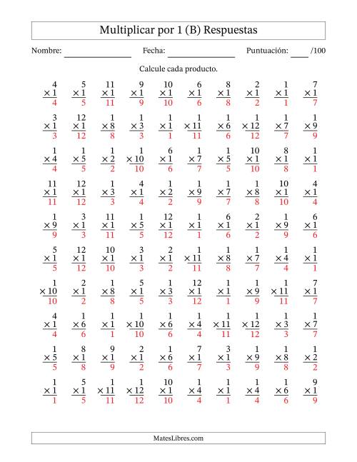 La hoja de ejercicios de Multiplicar (Factores de 1 a 12) por 1 (100 Preguntas) (B) Página 2