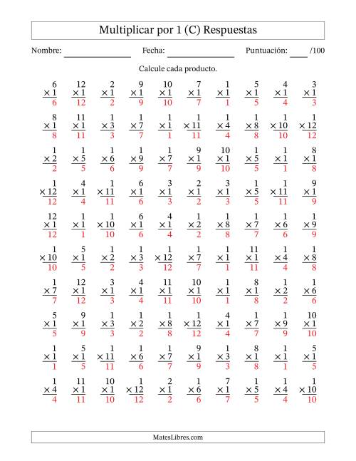 La hoja de ejercicios de Multiplicar (Factores de 1 a 12) por 1 (100 Preguntas) (C) Página 2