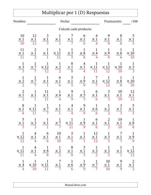 La hoja de ejercicios de Multiplicar (Factores de 1 a 12) por 1 (100 Preguntas) (D) Página 2