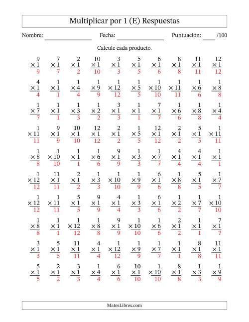 La hoja de ejercicios de Multiplicar (Factores de 1 a 12) por 1 (100 Preguntas) (E) Página 2