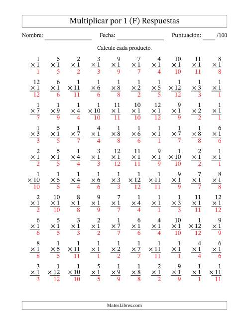 La hoja de ejercicios de Multiplicar (Factores de 1 a 12) por 1 (100 Preguntas) (F) Página 2