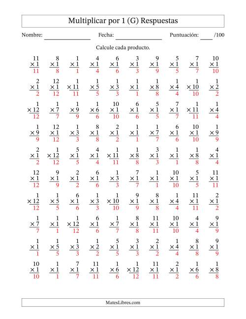 La hoja de ejercicios de Multiplicar (Factores de 1 a 12) por 1 (100 Preguntas) (G) Página 2