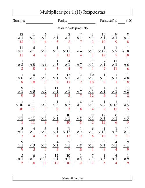 La hoja de ejercicios de Multiplicar (Factores de 1 a 12) por 1 (100 Preguntas) (H) Página 2