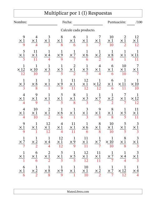 La hoja de ejercicios de Multiplicar (Factores de 1 a 12) por 1 (100 Preguntas) (I) Página 2
