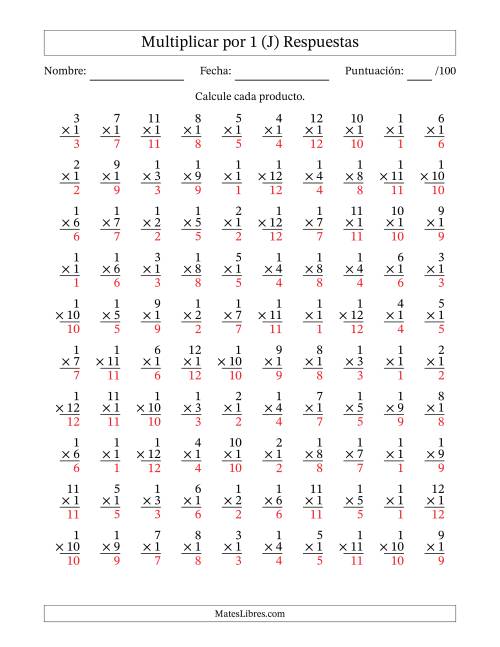 La hoja de ejercicios de Multiplicar (Factores de 1 a 12) por 1 (100 Preguntas) (J) Página 2