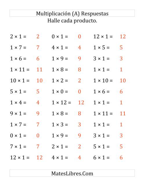 La hoja de ejercicios de Multiplicar de 1 a 12 por 1 (Grande) Página 2