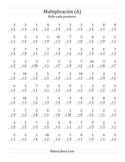 La hoja de ejercicios de Multiplicar de 1 a 3 por Números de 1 a 10 (Todas)