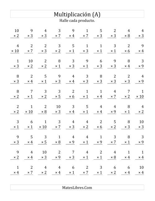 La hoja de ejercicios de Multiplicar de 1 a 4 por Números de 1 a 10 (Todas)