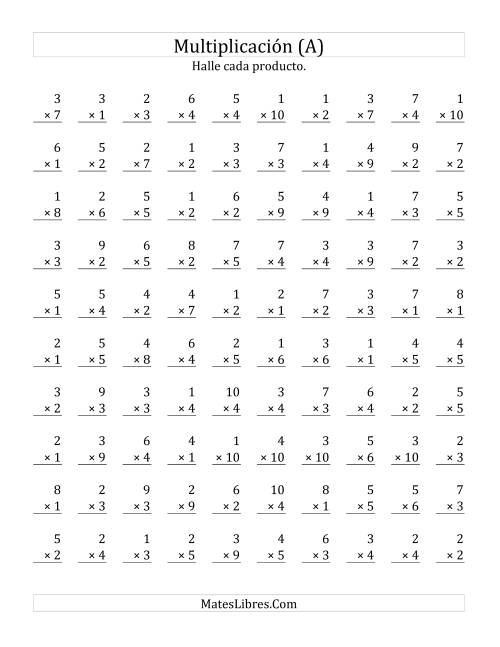 La hoja de ejercicios de Multiplicar de 1 a 5 por Números de 1 a 10 (Todas)