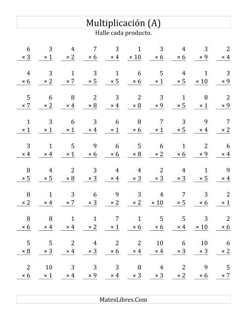 La hoja de ejercicios de Multiplicar de 1 a 6 por Números de 1 a 10 (Todas)