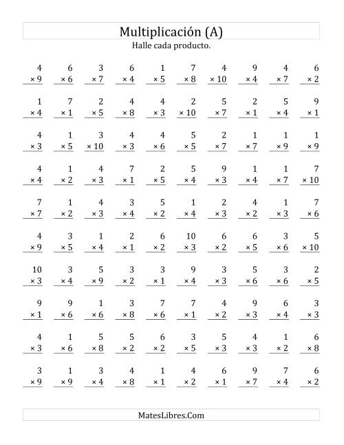 La hoja de ejercicios de Multiplicar de 1 a 7 por Números de 1 a 10 (Todas)
