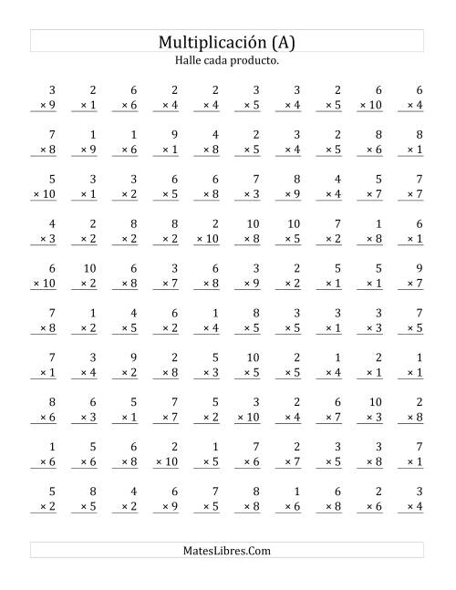 La hoja de ejercicios de Multiplicar de 1 a 8 por Números de 1 a 10 (Todas)