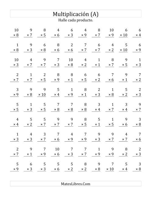 La hoja de ejercicios de Multiplicar de 1 a 9 por Números de 1 a 10 (Todas)