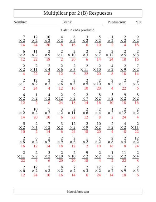 La hoja de ejercicios de Multiplicar (Factores de 1 a 12) por 2 (100 Preguntas) (B) Página 2