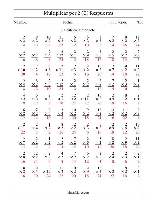 La hoja de ejercicios de Multiplicar (Factores de 1 a 12) por 2 (100 Preguntas) (C) Página 2