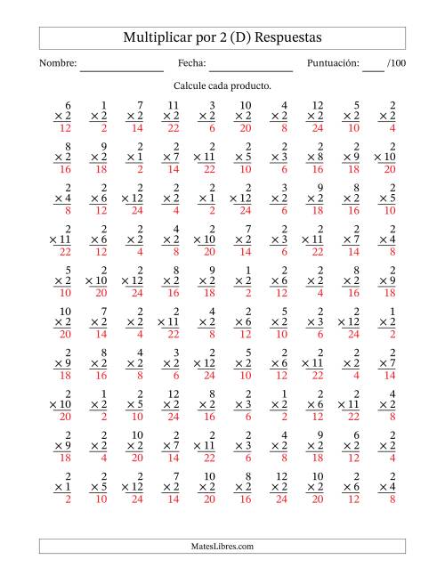 La hoja de ejercicios de Multiplicar (Factores de 1 a 12) por 2 (100 Preguntas) (D) Página 2
