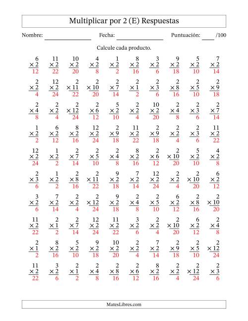 La hoja de ejercicios de Multiplicar (Factores de 1 a 12) por 2 (100 Preguntas) (E) Página 2
