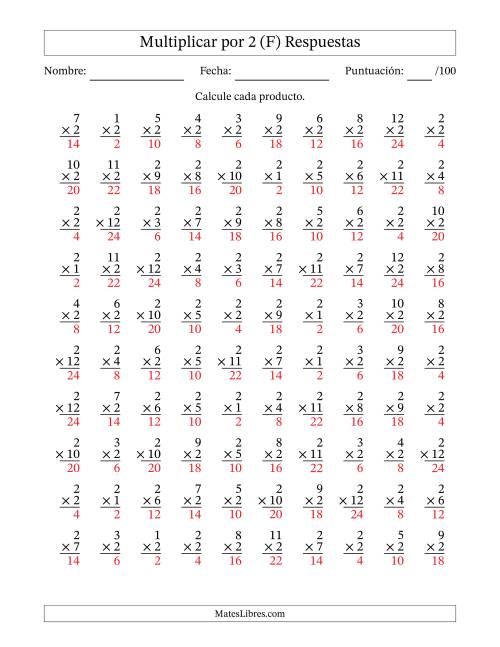 La hoja de ejercicios de Multiplicar (Factores de 1 a 12) por 2 (100 Preguntas) (F) Página 2
