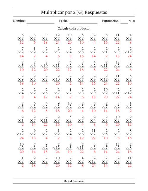 La hoja de ejercicios de Multiplicar (Factores de 1 a 12) por 2 (100 Preguntas) (G) Página 2