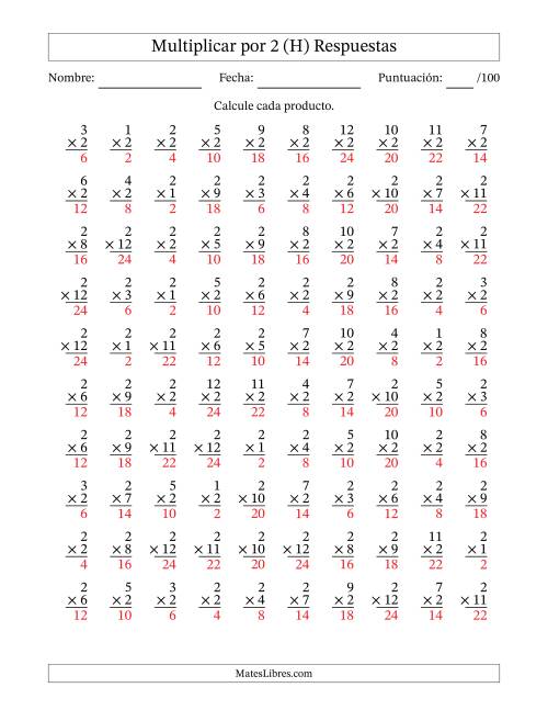 La hoja de ejercicios de Multiplicar (Factores de 1 a 12) por 2 (100 Preguntas) (H) Página 2