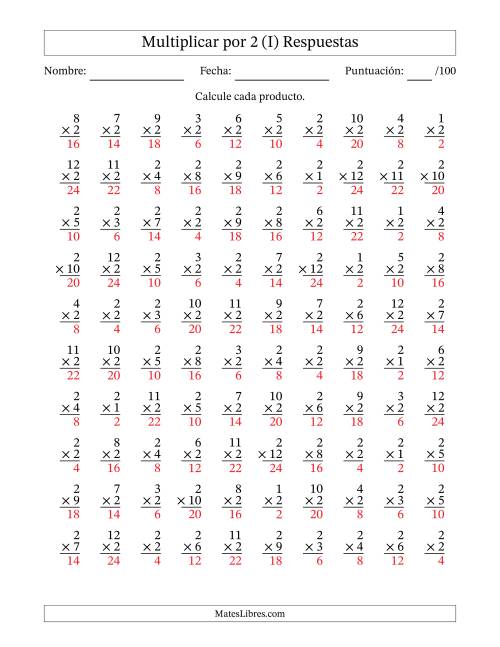 La hoja de ejercicios de Multiplicar (Factores de 1 a 12) por 2 (100 Preguntas) (I) Página 2
