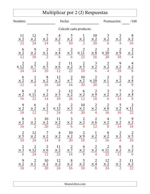 La hoja de ejercicios de Multiplicar (Factores de 1 a 12) por 2 (100 Preguntas) (J) Página 2