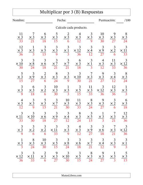 La hoja de ejercicios de Multiplicar (Factores de 1 a 12) por 3 (100 Preguntas) (B) Página 2