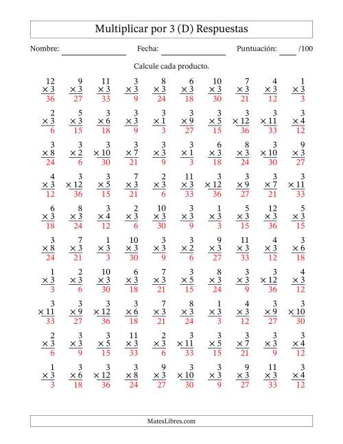 La hoja de ejercicios de Multiplicar (Factores de 1 a 12) por 3 (100 Preguntas) (D) Página 2