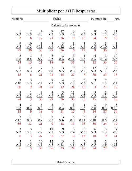 La hoja de ejercicios de Multiplicar (Factores de 1 a 12) por 3 (100 Preguntas) (H) Página 2