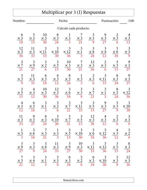 La hoja de ejercicios de Multiplicar (Factores de 1 a 12) por 3 (100 Preguntas) (I) Página 2