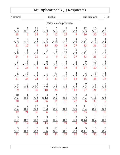La hoja de ejercicios de Multiplicar (Factores de 1 a 12) por 3 (100 Preguntas) (J) Página 2