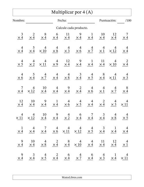 La hoja de ejercicios de Multiplicar (Factores de 1 a 12) por 4 (100 Preguntas) (A)