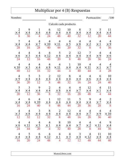 La hoja de ejercicios de Multiplicar (Factores de 1 a 12) por 4 (100 Preguntas) (B) Página 2