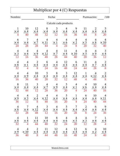 La hoja de ejercicios de Multiplicar (Factores de 1 a 12) por 4 (100 Preguntas) (C) Página 2