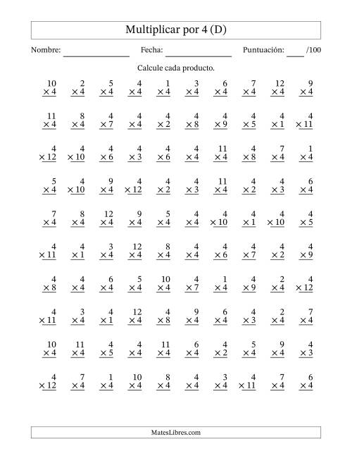 La hoja de ejercicios de Multiplicar (Factores de 1 a 12) por 4 (100 Preguntas) (D)