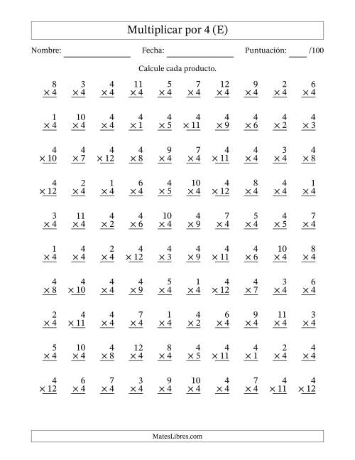 La hoja de ejercicios de Multiplicar (Factores de 1 a 12) por 4 (100 Preguntas) (E)